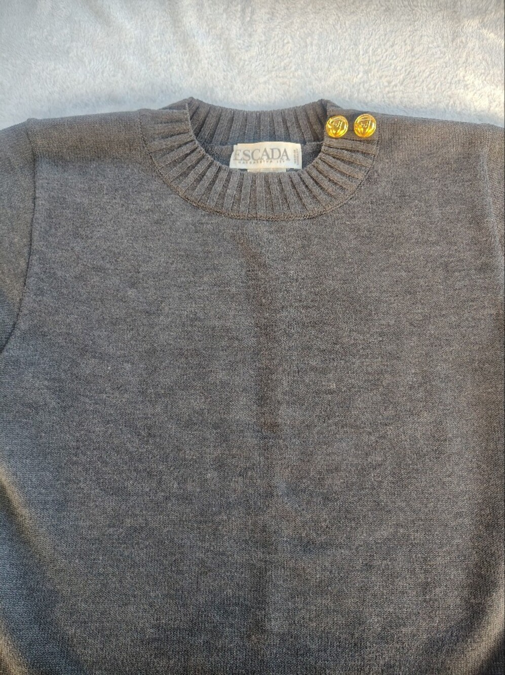 Escada Vintage women's Gray Crewneck Sweater with Gold Button Accents
